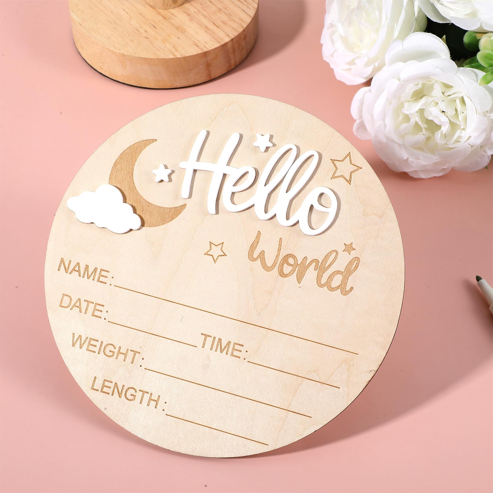 Nogeqi Biglietti miliari bianchi per bambini legno Hello World neonati rotondi genitori incinte