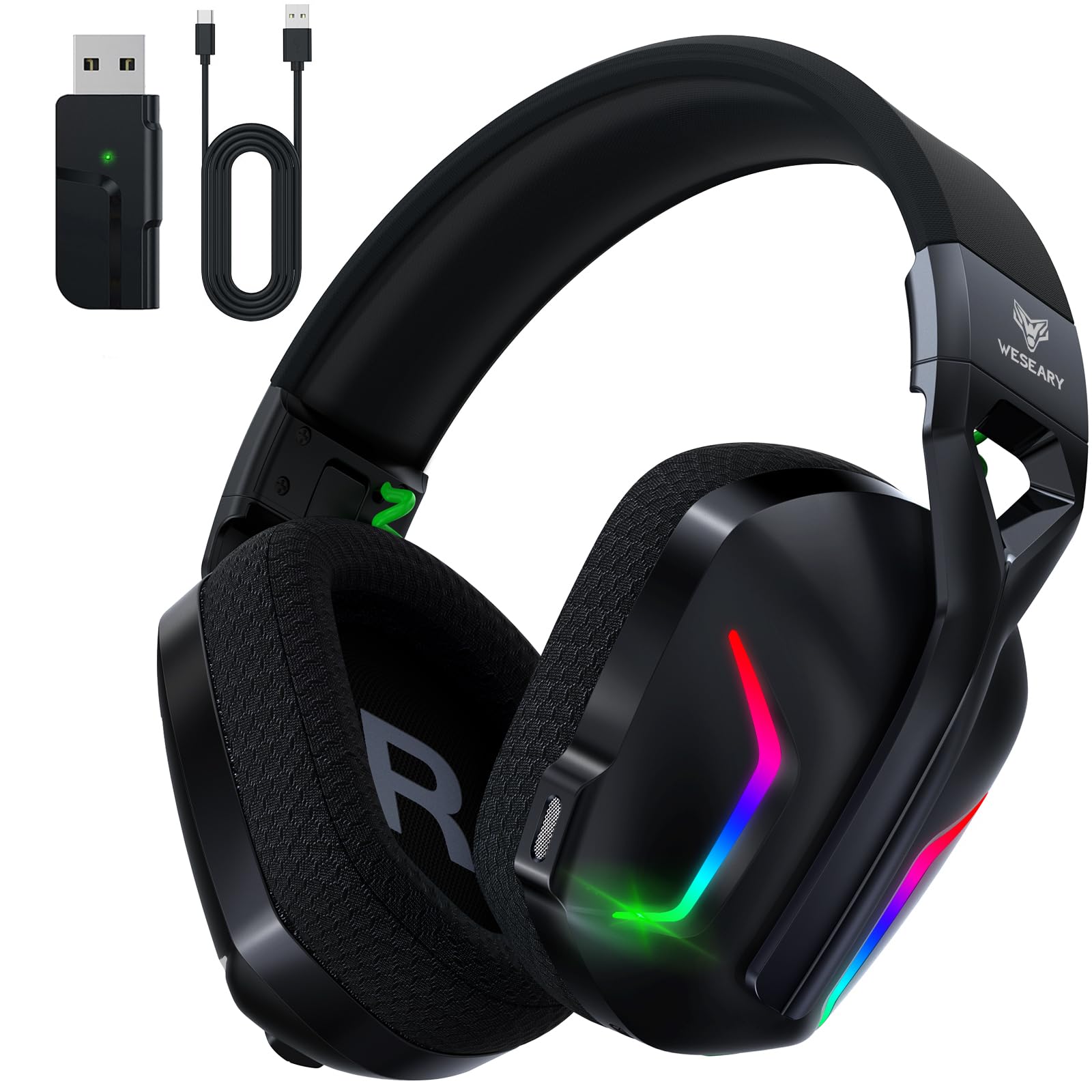 WESEARY WG1 2,4G Wireless Gaming Headset mit Mikrofon für PS5, PS4, PC, Switch, Mac, Bluetooth Kopfhörer, Faltbarer 7.1 Surround Sound Noise Cancelling mit LED Licht, Über 50 Stunden Akkulaufzeit