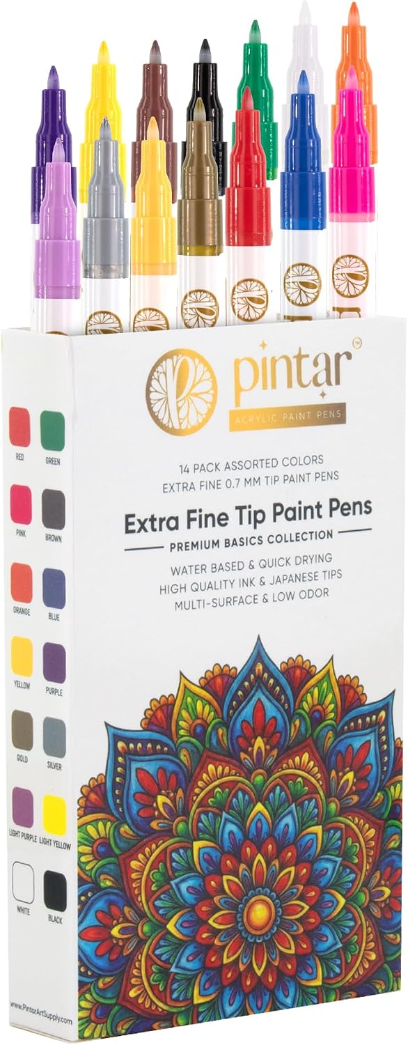 PINTAR Acrylic Paint Pens, 14 Pack, Extra Fine 0.7mm Japanese Tip Paint Markers for Rock Painting, Wood, Glass, Ceramic, Leather, Shoes, Canvas, Multi Surface Quick Dry Japanese Opaque Ink Marker Set