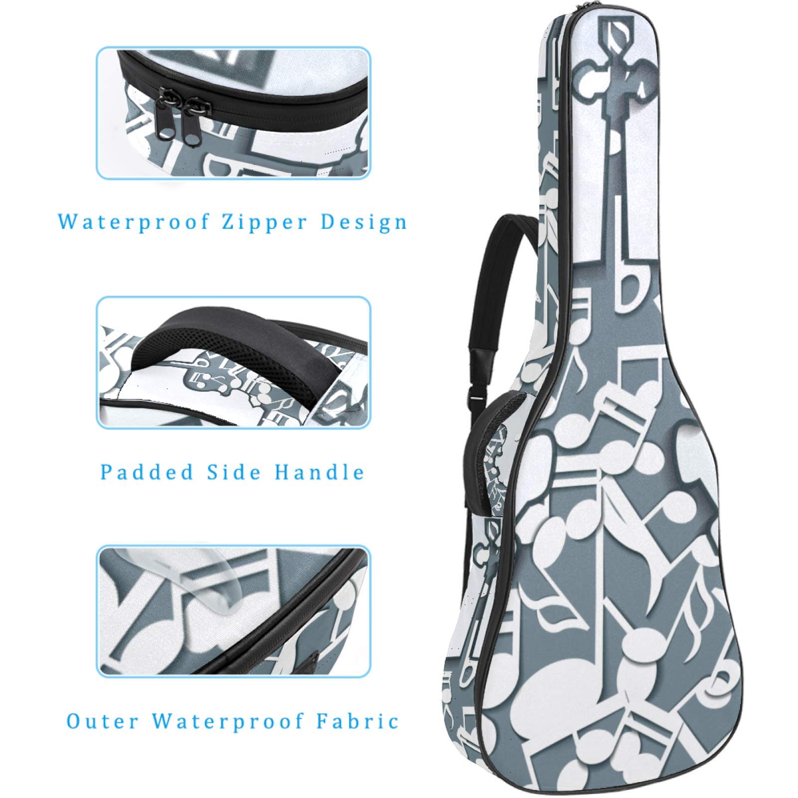 Borsa per chitarra impermeabile con cerniera morbida zaino per chitarra, chitarra acustica e classica folk chitarra elettrica chitarra musica note grigio