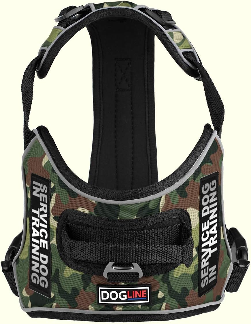 Dogline Quest No-Pull Dog Harness with Service Dog in Training Reflective Removable Patches Soft Comfortable Dog Vest with Quick Release Dual Buckles Black Hardware and Handle 18 to 22 in Green Camo