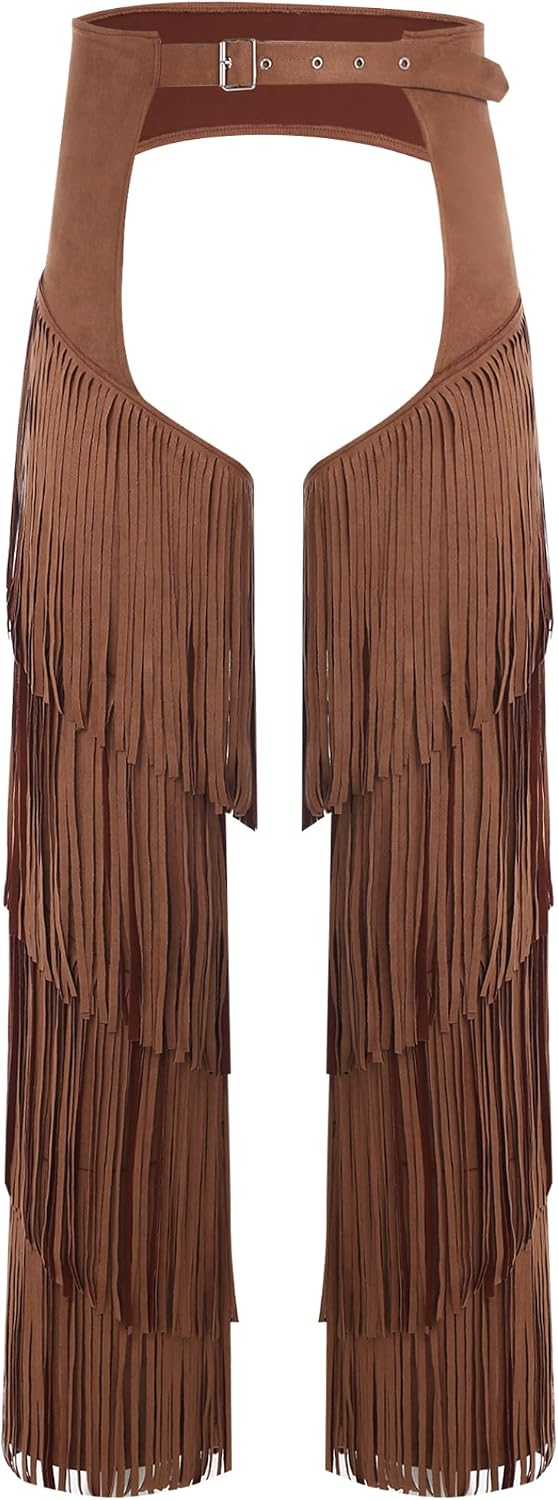 Western Cowboy Chaps for Men‘s Adjustable Buckles Fringe Motorcycle Assless Chaps Pants Costume
