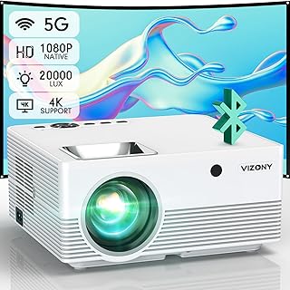 VIZONY Projector with 5G WiFi and Bluetooth, 20000L 600ANSI Full HD Native 1080P Projector, Support 4k & 350" Display with Carry Case, Outdoor Movie Projector Compatible w/Phone/TV Stick/Laptop, White