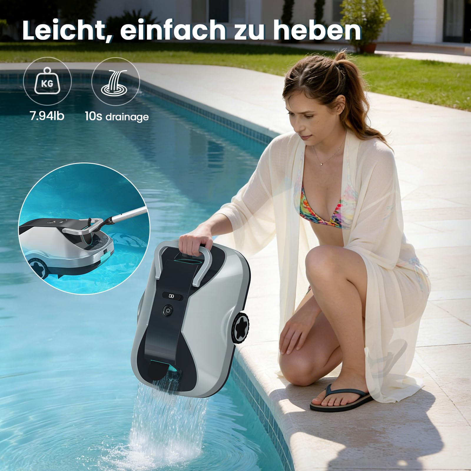 Poolroboter Akku, kabelloser Pool-Saugroboter, 200Min Laufzeit, Intelligente Navigation, Selbsteinparkfunktion und ultrafeine Filterung, kompakt und tragbar Poolreiniger ohne Kabel für Pools 232m²