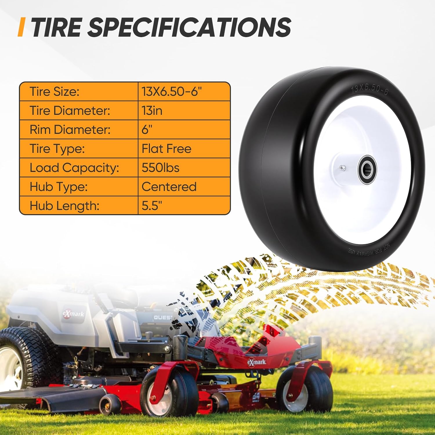 13x6.50-6 Flat Free Lawn Mower Tires and Wheels, 1/2" 3/4" 5/8" Ball Bearings, 13x6.5x6 Zero Turn Mower Front Tires, Smooth Tires for Commercial Grade Lawn, 5.5"-7.5" Centered Hub, 2 Pack
