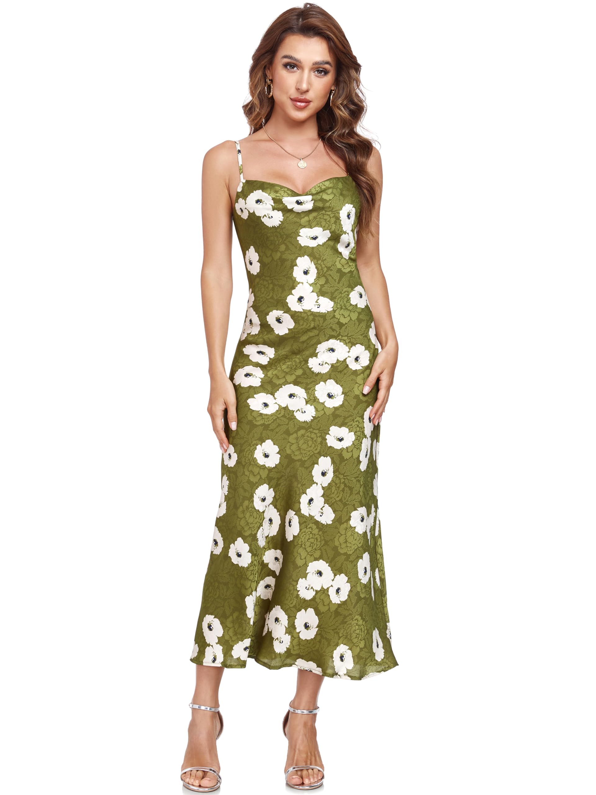 Women's Spaghetti Strap Midi Satin Silk Dresses Slip Cowl Neck Party Cocktail Evening Sexy Dress