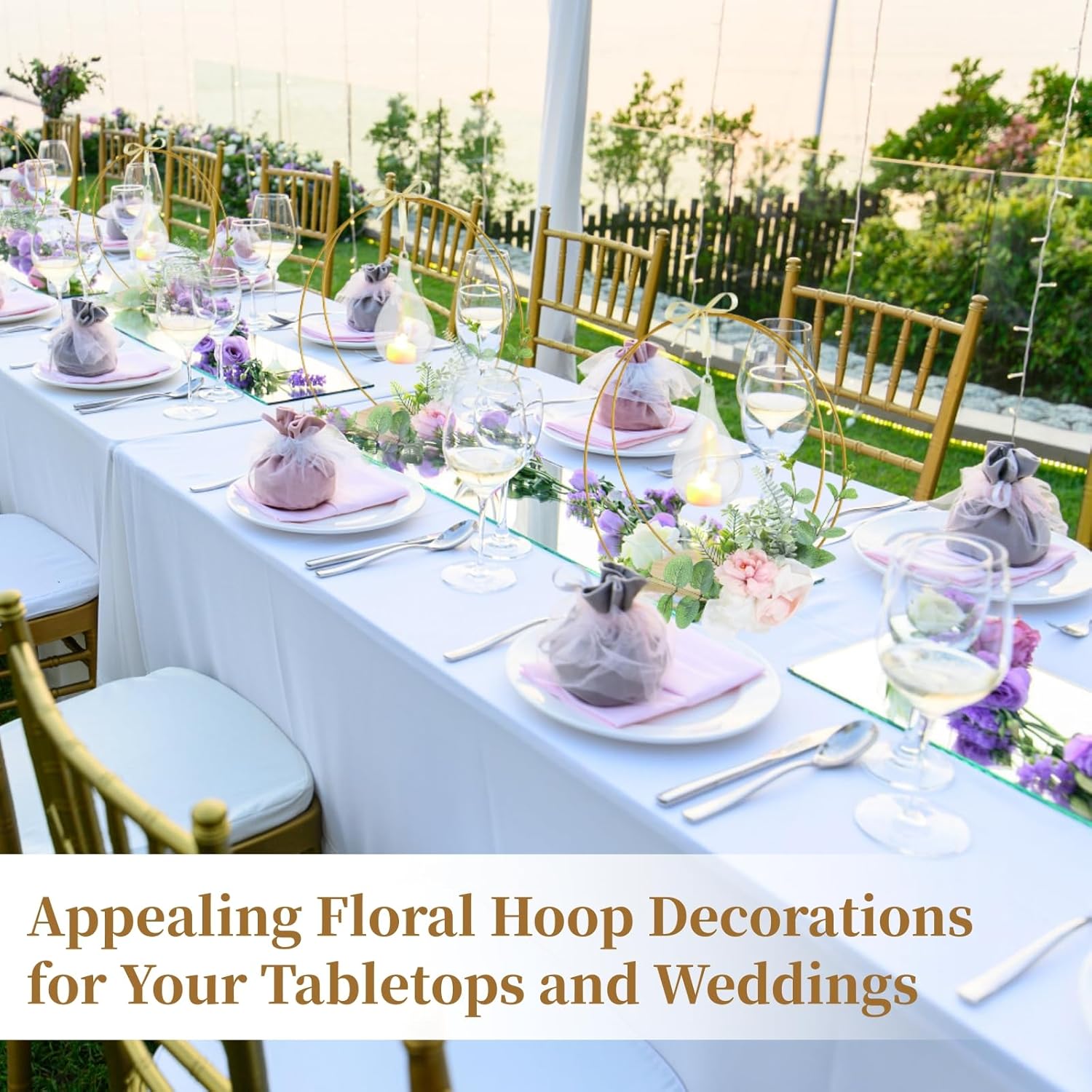 8 Pack 12 Inch Double Floral Hoop Centerpiece with Candle Lights, Metal Floral Hoop Table Centerpiece with Stand, Gold Metal Floral Hoops Table Centerpiece Decoration for Wedding Party