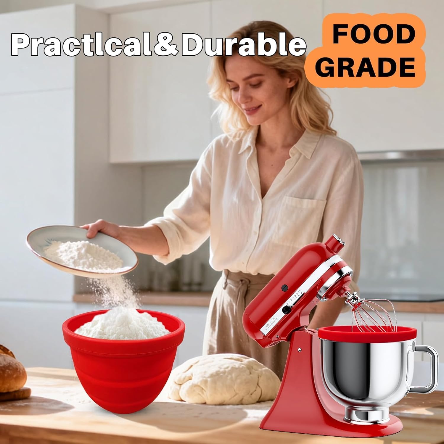 Silicone Bowl Liner for KitchenAid 4.5 Qt Kitchen Stand Mixer, 3 Liners Upgraded Heavy-Duty Bowl Insert with Lids, Kitchen Mixer Attachments Replacement Mixer Accessories