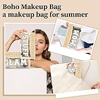 Vista 7 de Pequeñas bolsas de maquillaje transparentes de paja bohemia para mujeres y niñas, bolsa de cosméticos con cremallera de chenilla, bolsa de parche
