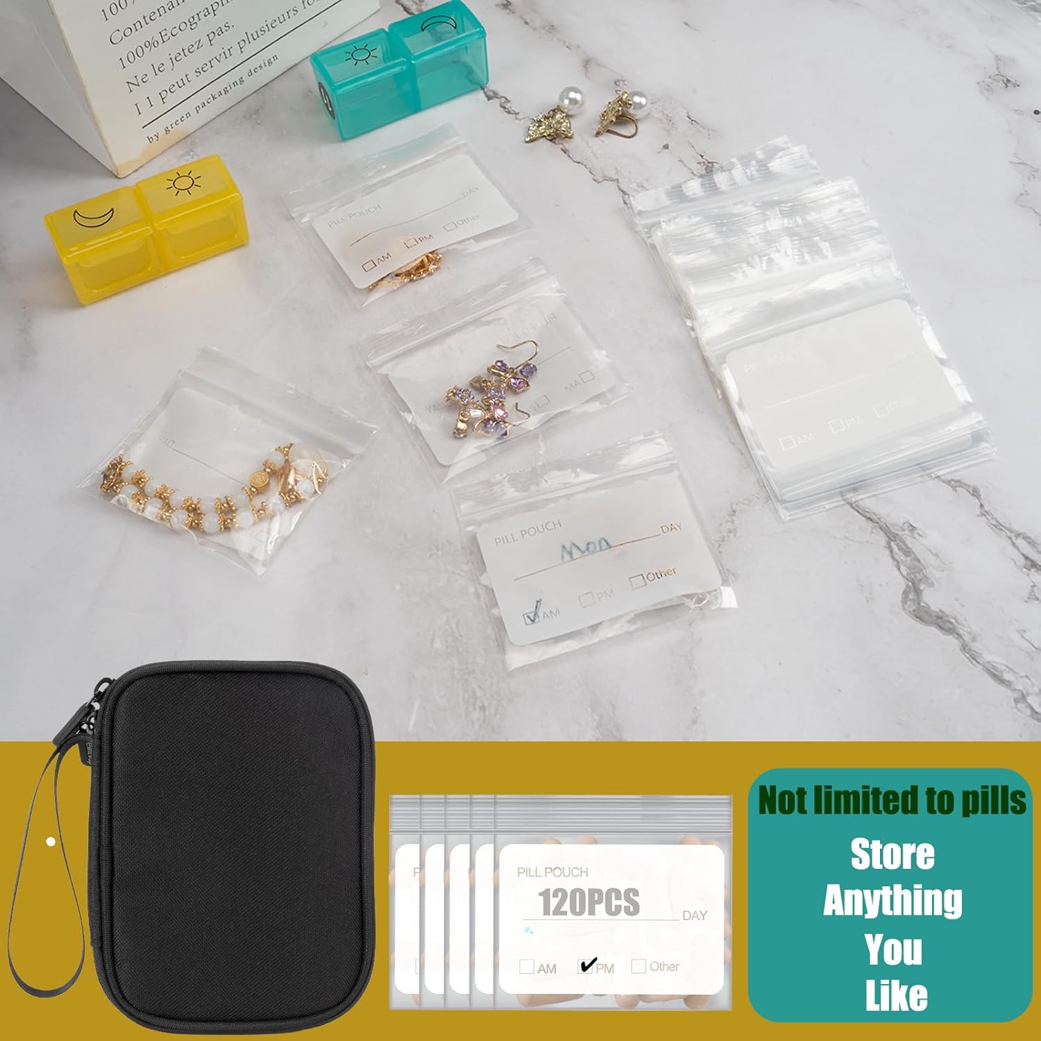 Pill Pouch Bags for Travel with Medicine Bag, Pack of 120 BPA Free 3 x 2.75 inch Reusable Pill Bag for Medicine with Write on Label Clear Ziplock Seal Daily AM PM Pill Baggies for Medicine Organizer - Image 7