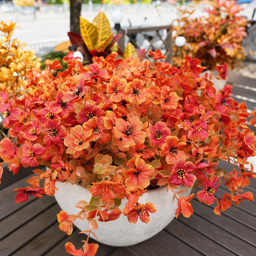 Fanfantoey Artificial Flowers for Outdoor, Realistic UV Resistant Fake Silk Plants for Outside Porch Patio Window Box Planter Home Decor (10, Fall Orange Red)