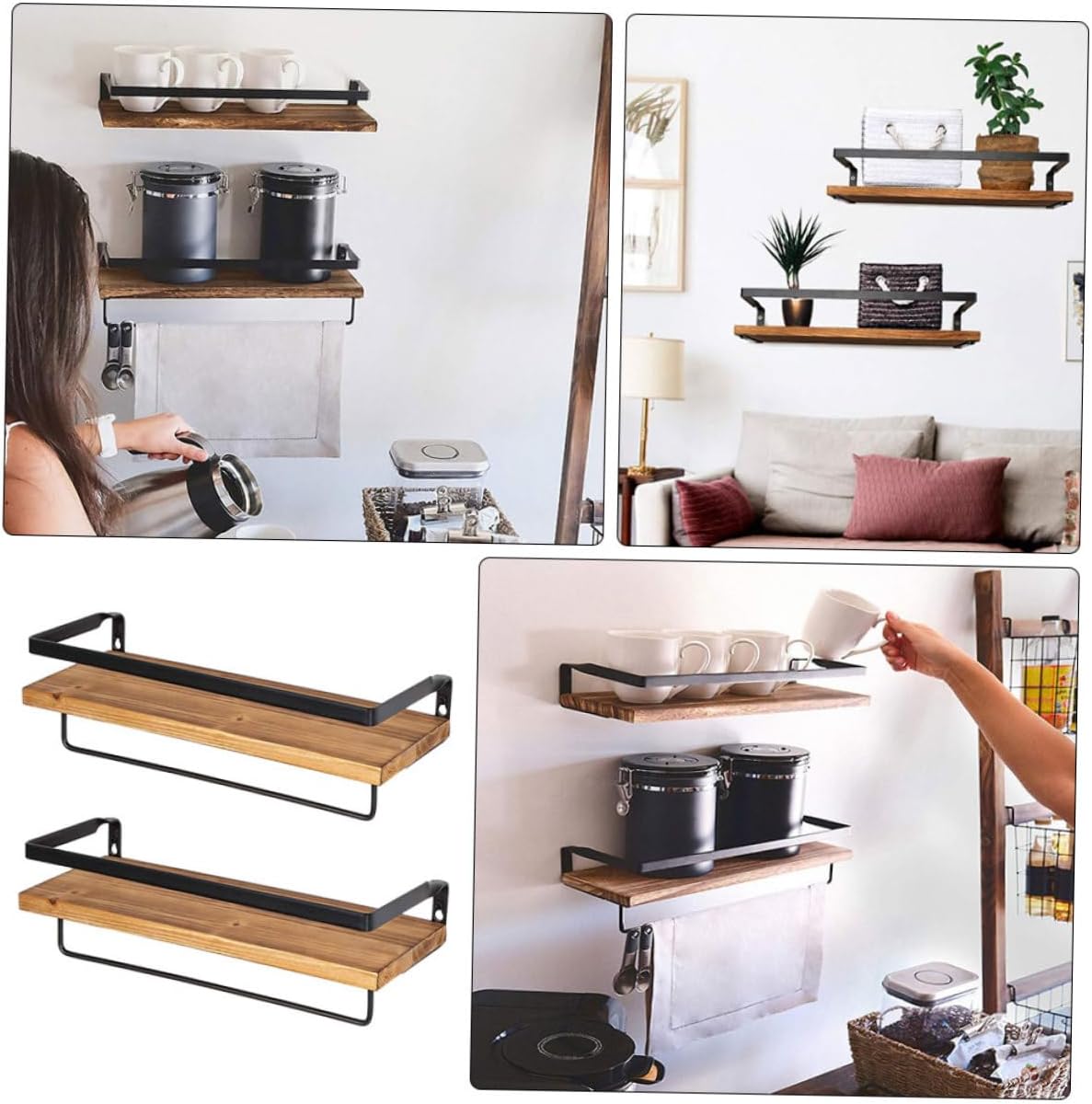 FUOYLOO 2pcs Pine Wood Wall Storage Shelf Set with Hooks, Kitchen and Bathroom Floating Towel Rack Organizer, 40x15x8cm Rustic Hanging Utility Racks for Home Storage