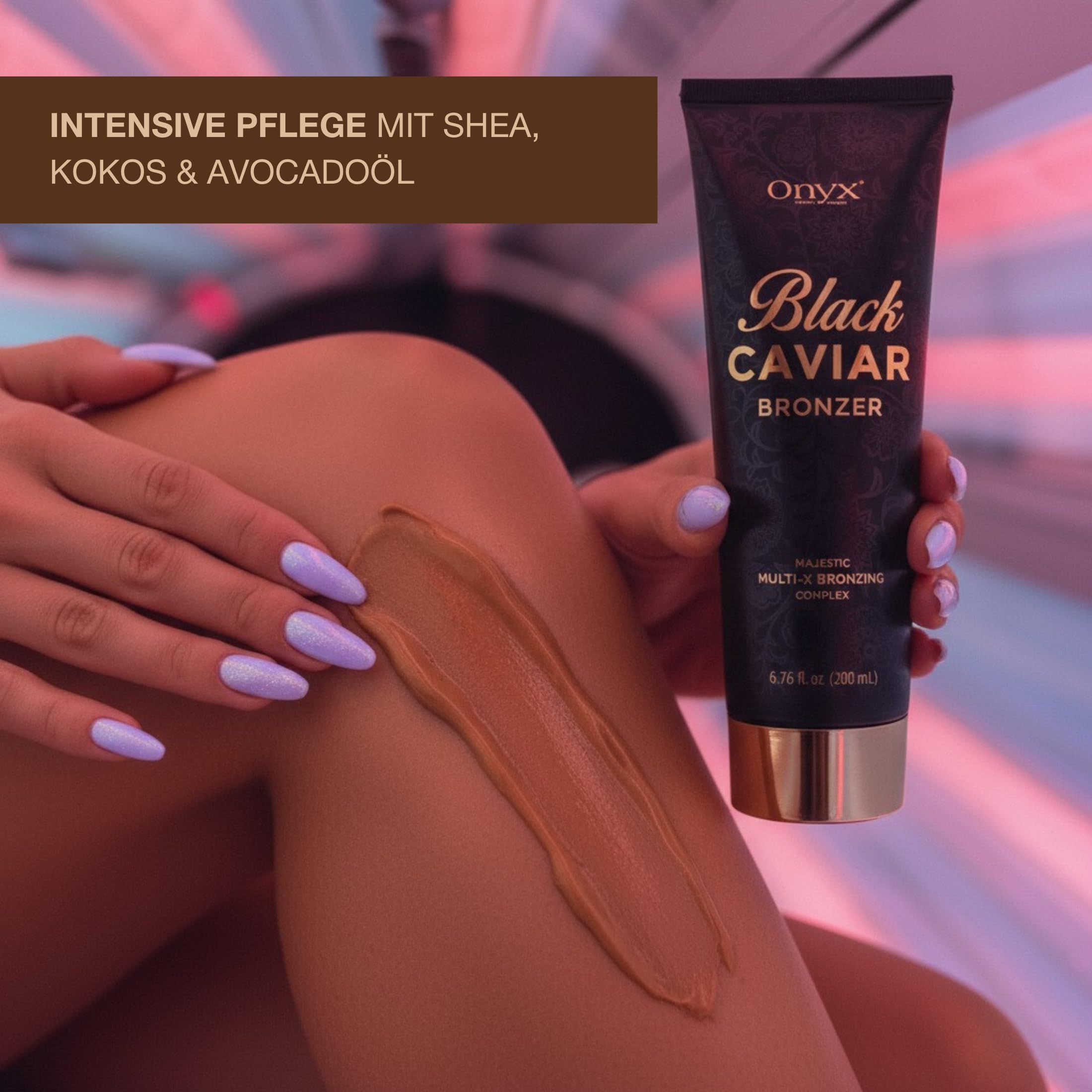 Onyx Black Caviar Solarium Creme mit Schwarzem Bronzer - Extrem Dunkle Bräune für Erfahrene Nutzer - Intensiver Bronzing Komplex, Pflege & Straffung | Für Solarium & Außenbräune (200 ml)