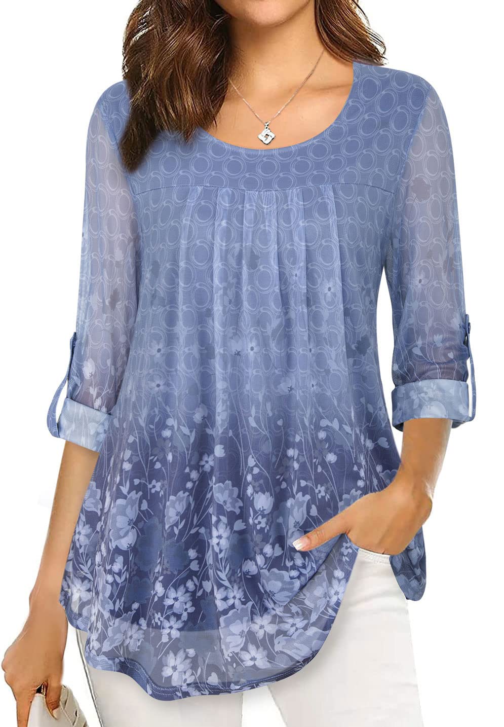 SeSe CodeWomens 3/4 Roll Sleeve Mesh Blouses Pleated Stretch Shirts Flowy Tops