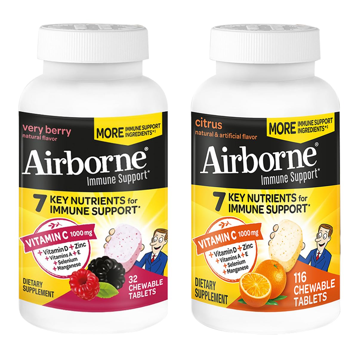 Airborne 1000mg Vitamin C Zinc Immune Support Supplement Chewable Tablets Very Berry Citrus Flavor with Powerful Antioxidants Vitamins