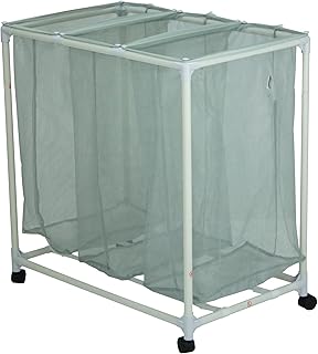 Mobile three-compartment laundry sorting bin with soft mesh roller cart ...