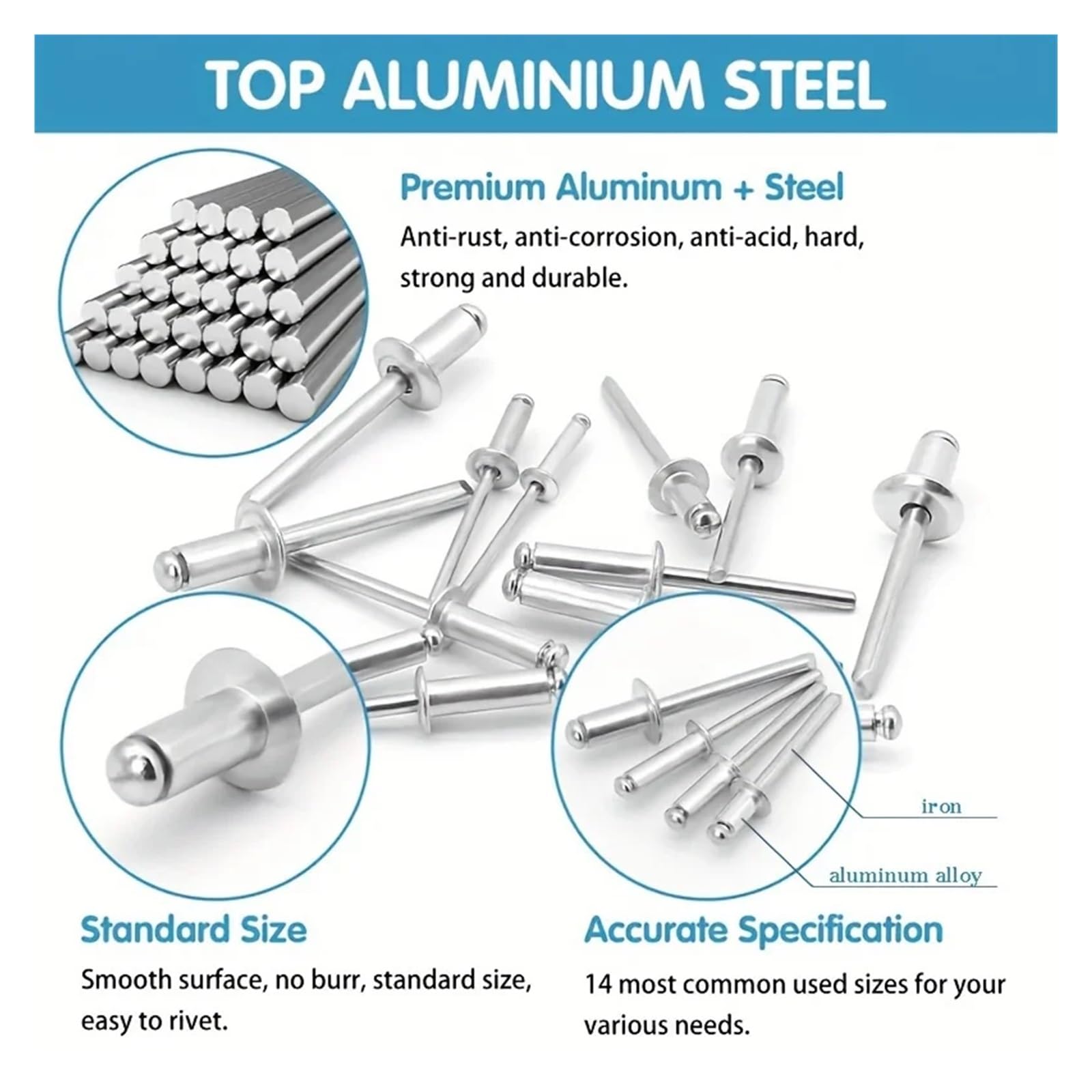 Rivets Aveugles En Aluminium De 8 Tailles, Pinces À + 4 Forets for Projets Automobiles Bricolage, 200 Pièces Pour MéTal Bois Plastique