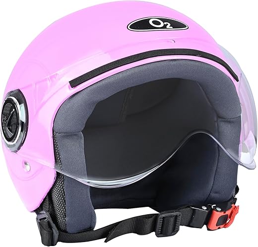 O2 Open Face / Half face Helmet Unisex for Bike Women Men ISI Certified with Clear Visor Smooth Finish Lightweight & Compact (Pink, 580mm Medium)