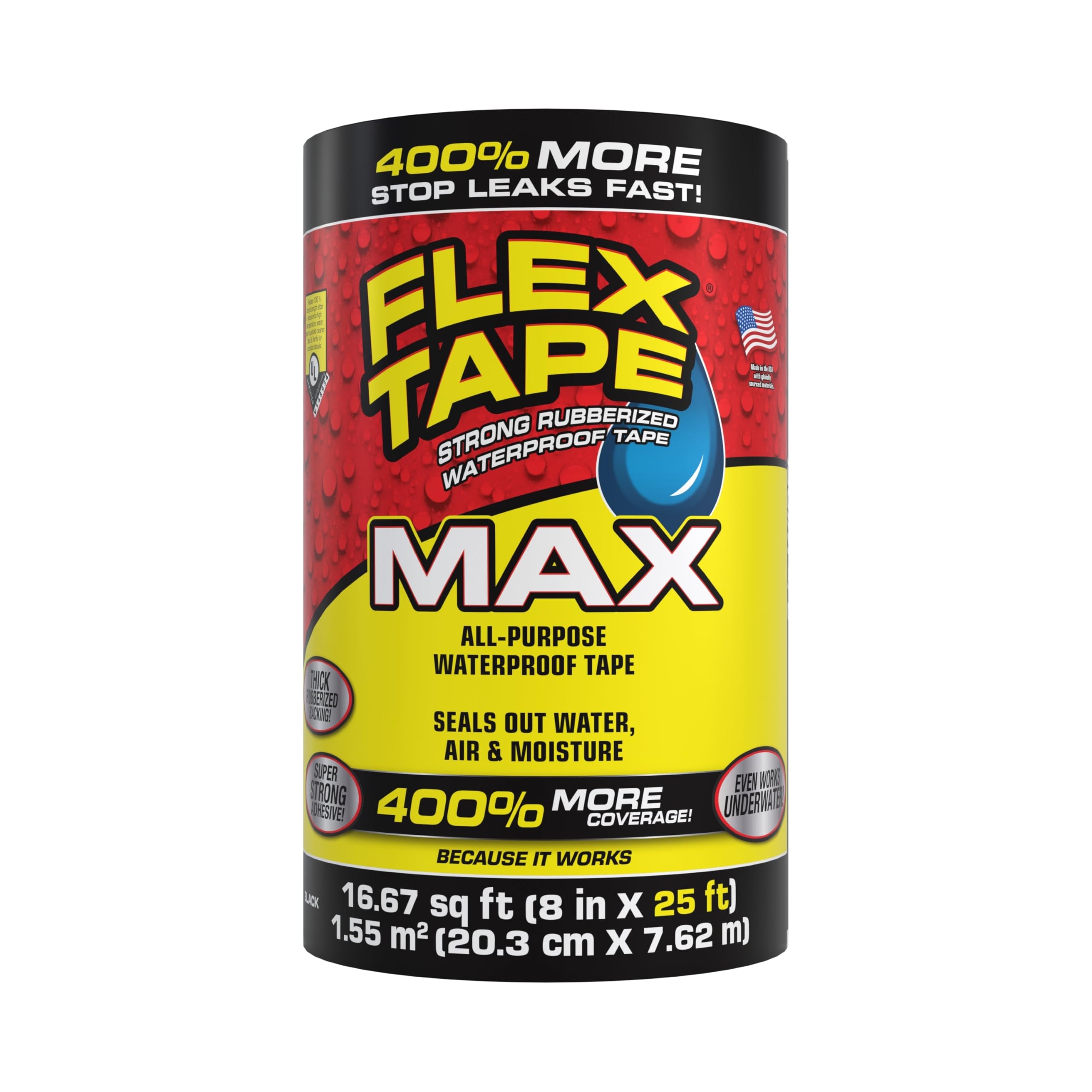 Flex Tape, MAX, Original Thick Flexible Rubberized Waterproof Tape - Seal and Patch Leaks, Works Underwater, Indoor Outdoor - Home RV Roof and Pool Repairs, Black, 8 in x 25 ft, Pack of 1