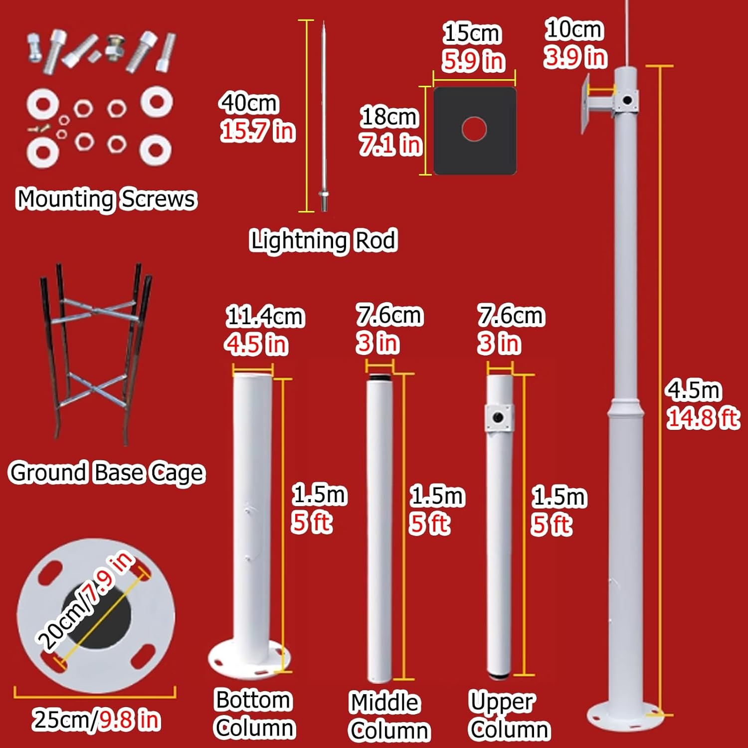 16ft Outdoor Security Camera Pole with 40cm Lightning Rod, Universal Surveillance Stand for CCTV, Backyard Walkway Mounting (177.2in/450cm)