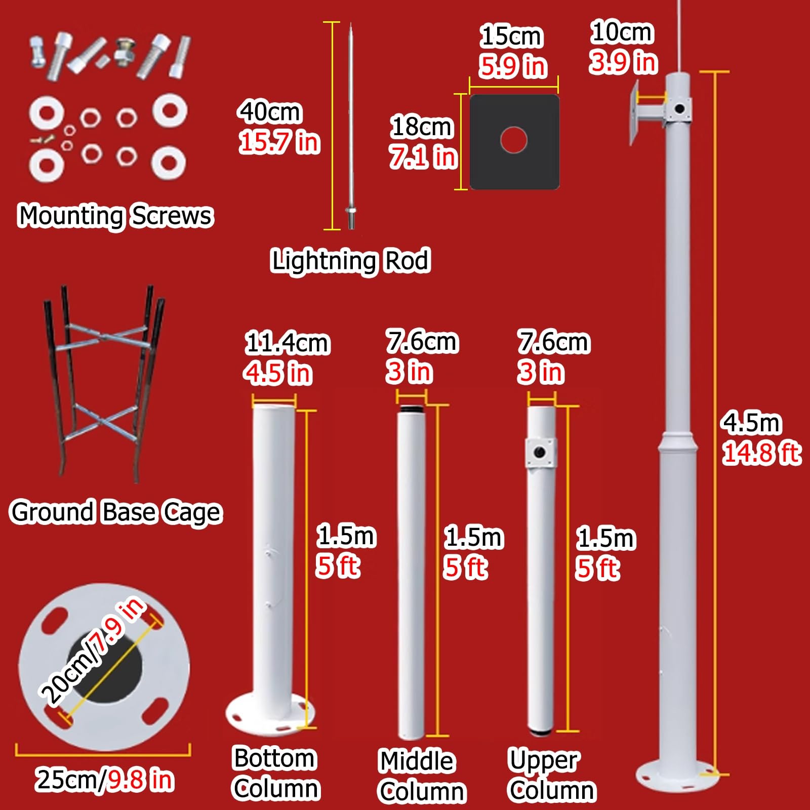 Support de caméra de sécurité réglable avec paratonnerre - Fixation extérieure universelle pour une sécurité et une stabilité accrues, solution de surveillance en 3 sections de 4,5 m (14,5 p