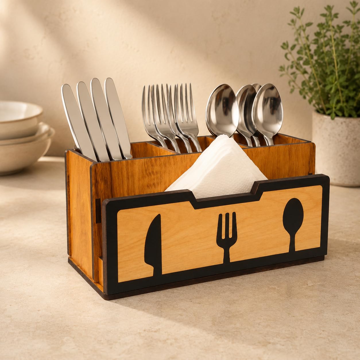 Wooden Cutlery Stand with Tissue Holder - Kitchen Organizer -2