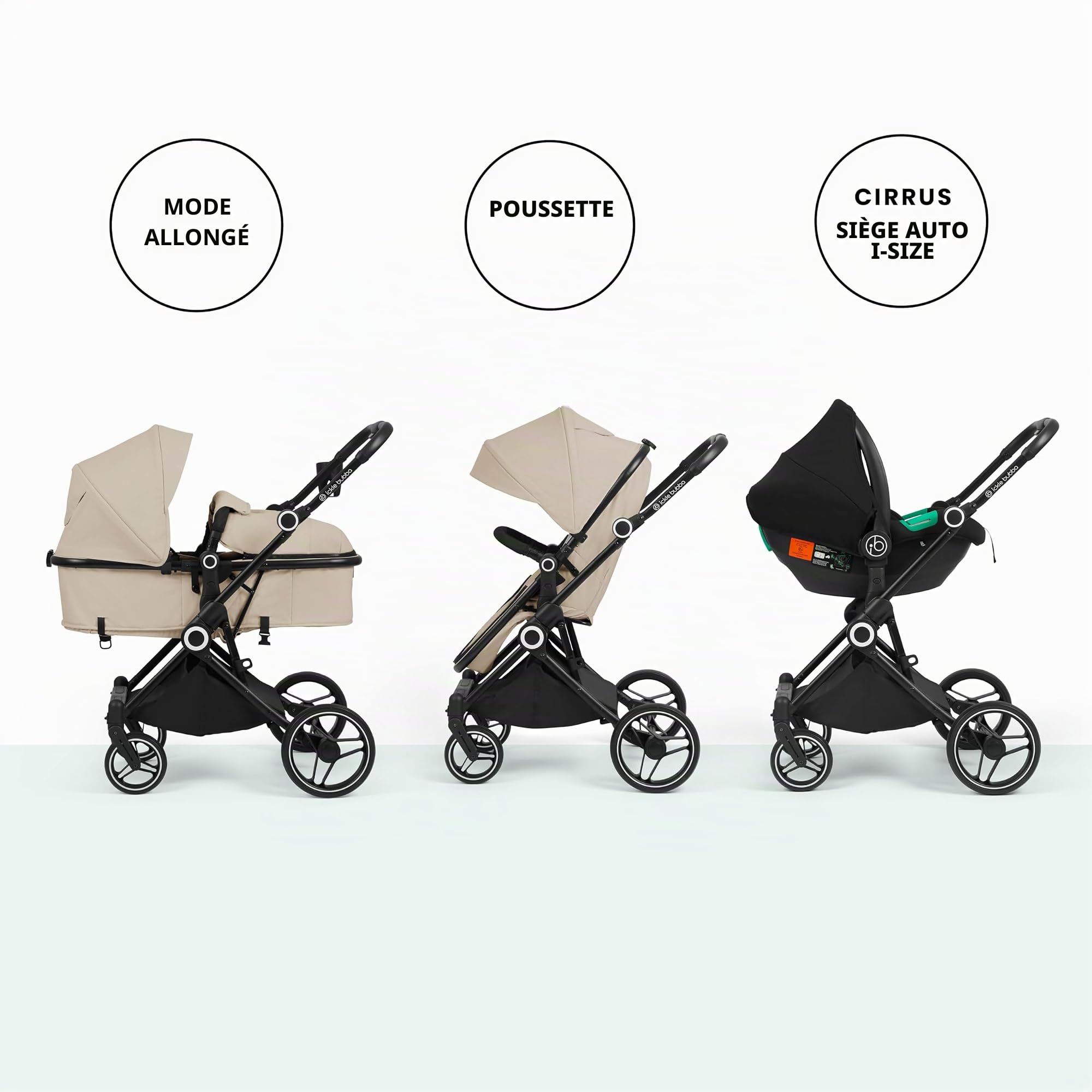 Poussette 3 en 1 i-Size Ickle Bubba Atom – Système de Voyage Complet avec Siège Auto Cirrus + Base ISOFIX – Landau Compact et Léger, Convient de la Naissance à 22 kg (Pierre)