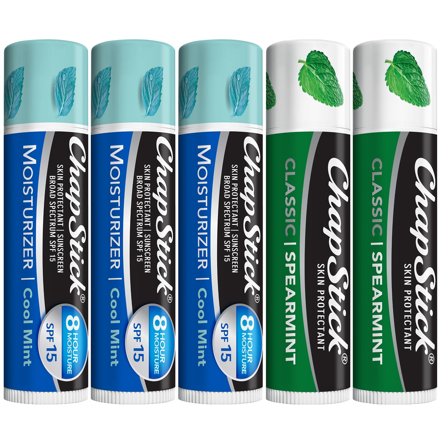 ChapStickMoisturizer 2-in-1 Lipcare SPF 15 Cool Mint 3-Pack + Classic Spearmint Lip Balm 2-Pack, 0.15 Oz Ea (5 Piece Set)