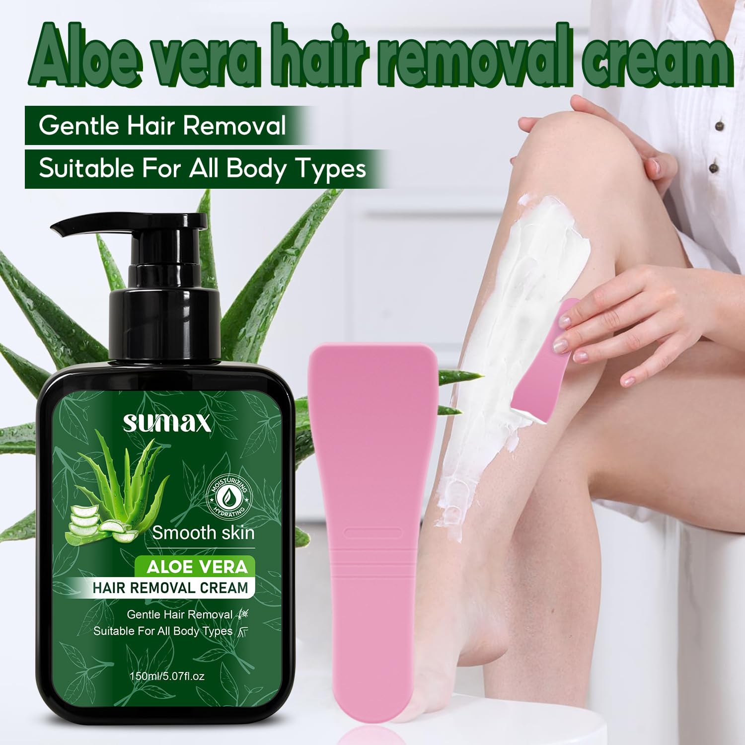 Crema de depilación Aloe Vera – Crema depilatoria suave sin dolor para labio superior, barbilla y cara con espátula, depilación rápida y eficaz para piernas, axilas y zona del bikini (6 unidades)