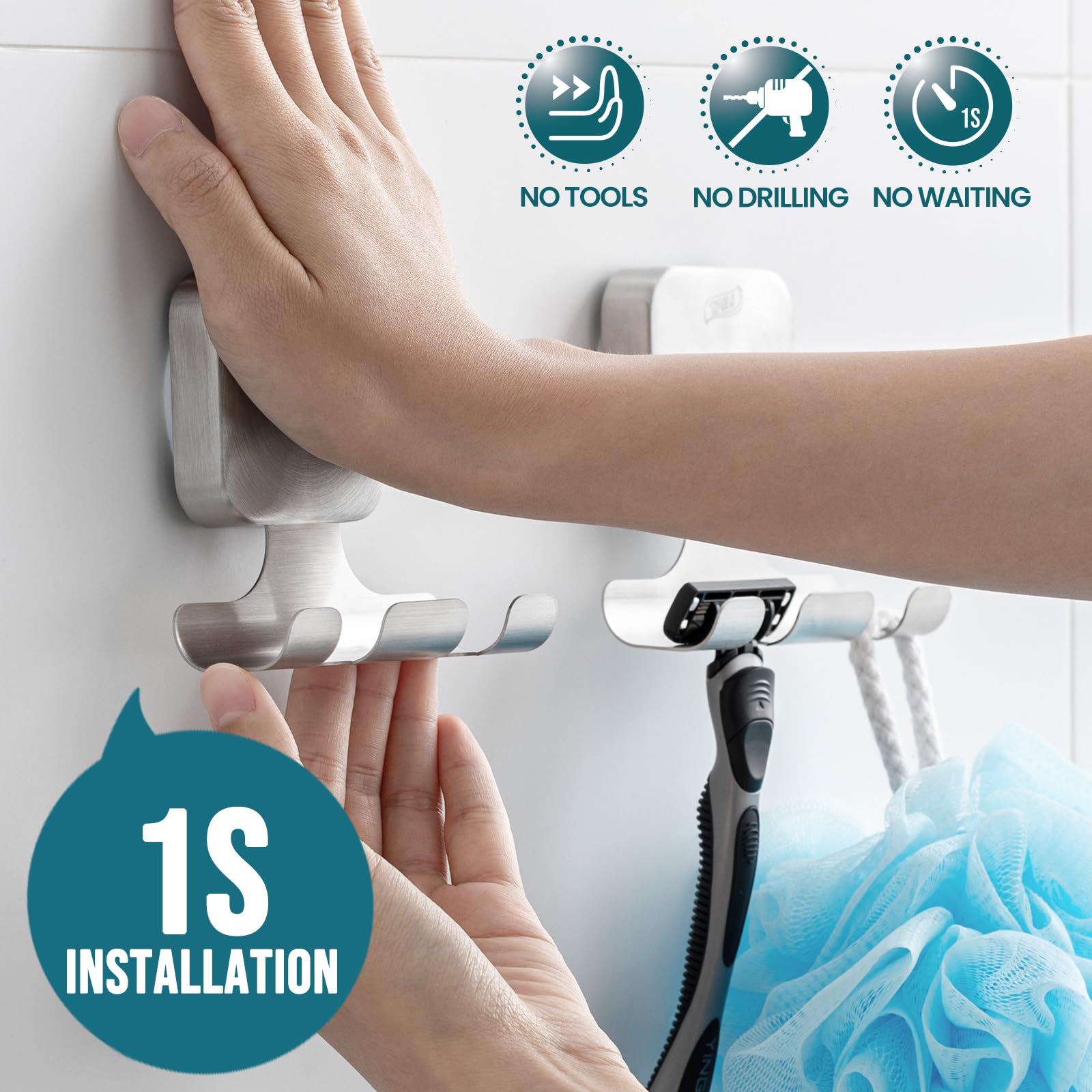 TAILI Razor Holder for Shower with Suction Cup Metal Vacuum Shower Hooks Reusable Bathroom Suction Hooks Razor Holder for Shaver Towels Robes Multipurpose Hanging 2 Packs - Image 2