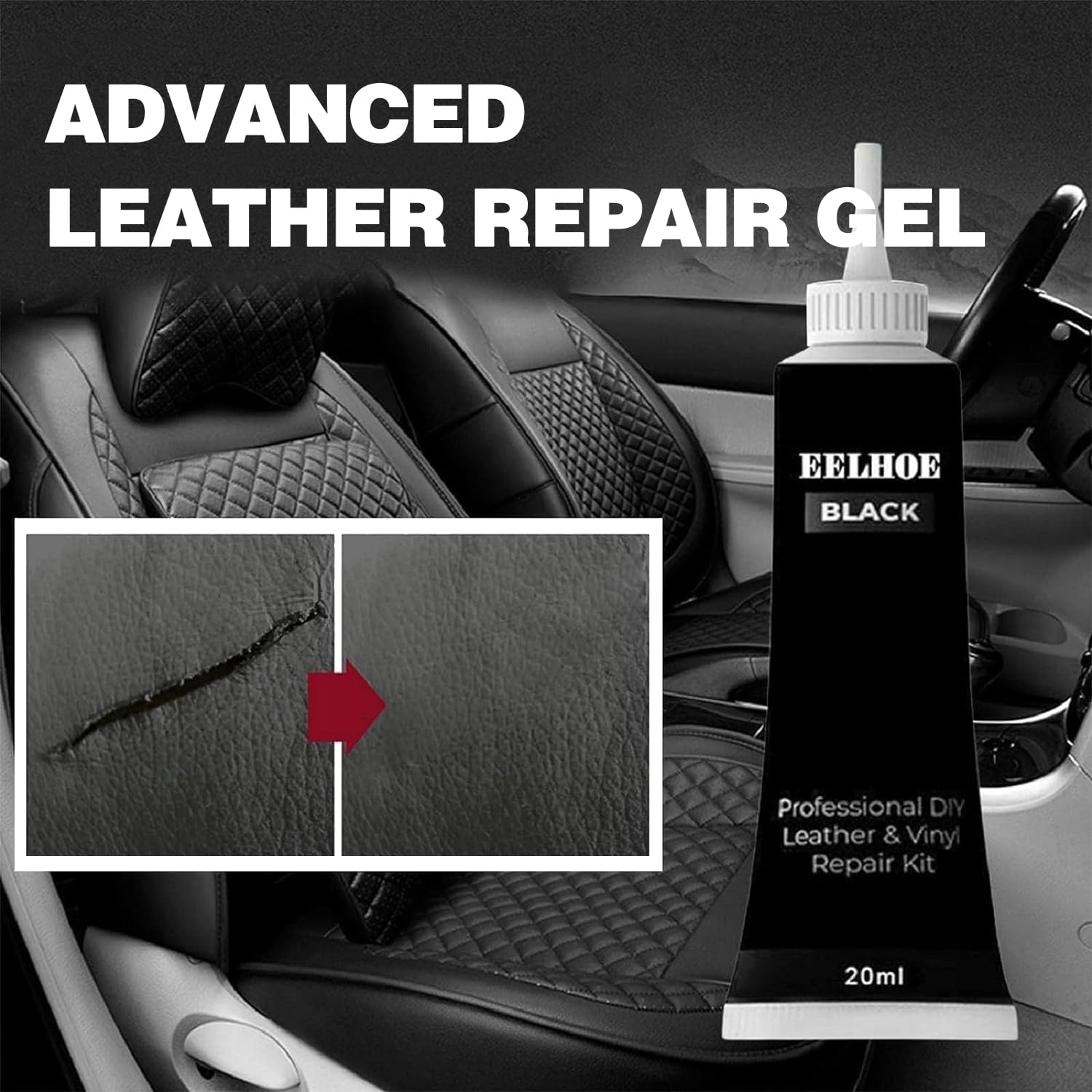 Reparatie van leer, reparatie van leer, reparatiegel voor leer, voor lederen scheuren, autostoelen, banken (zwart