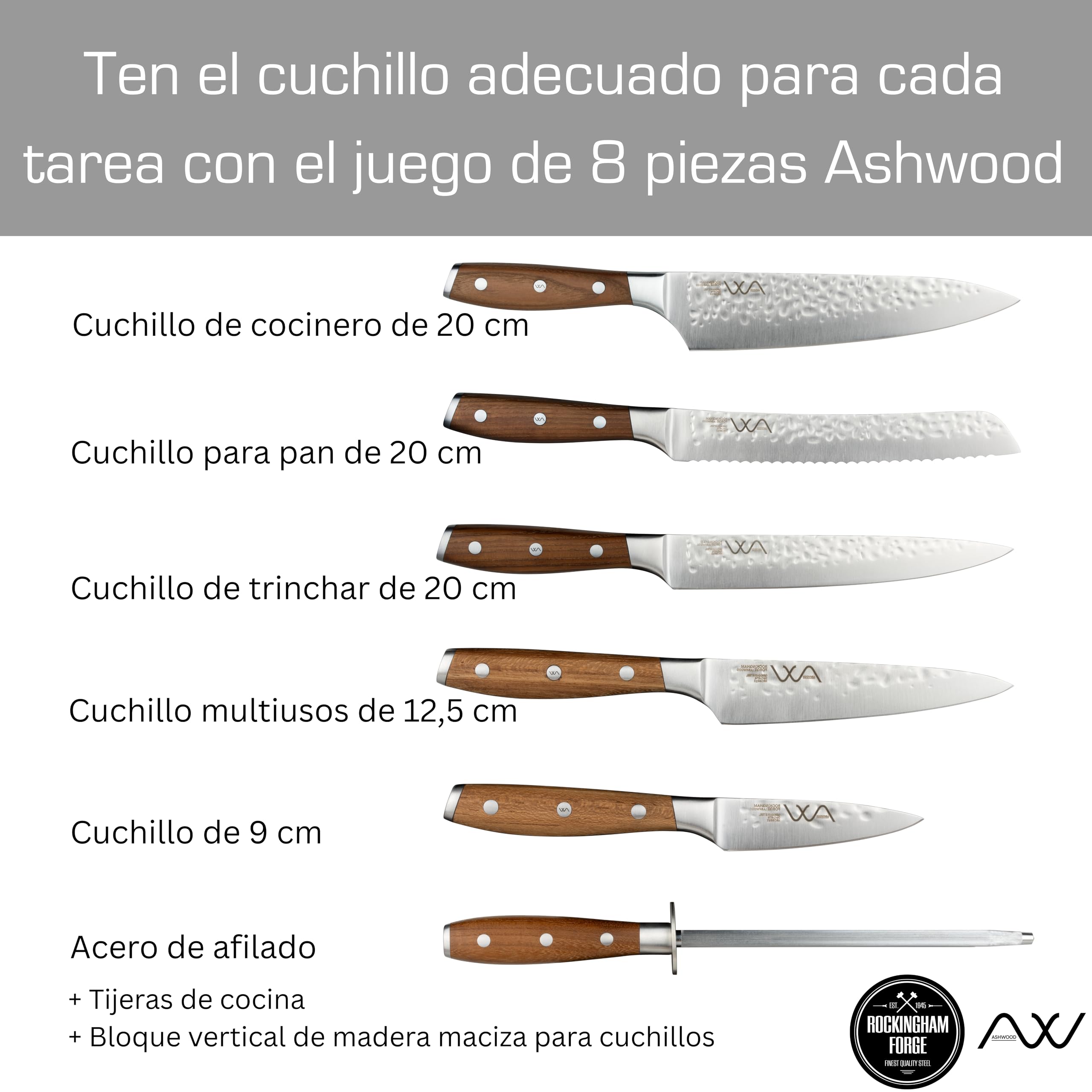 Rockingham Forge Ashwood Juego de 8 Cuchillos de Cocina de Madera con Afilador y Tijeras - Hojas Profesionales de Acero Inoxidable Alemán Ultraafiladas y Mango Duradera con Espiga Completa