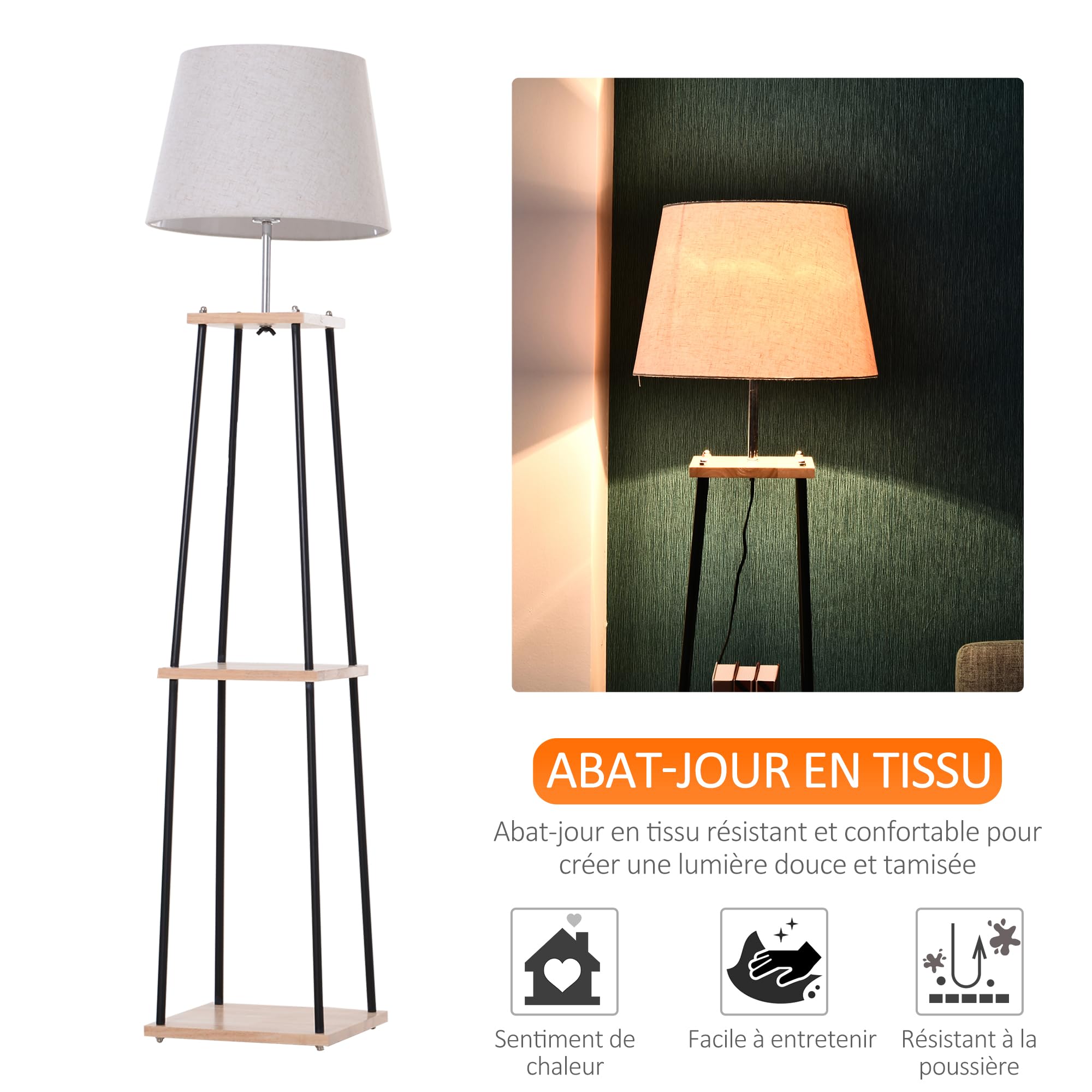 HOMCOM Lampadaire Design Contemporain Dim. 40L x 40l x 160H cm Noir Beige