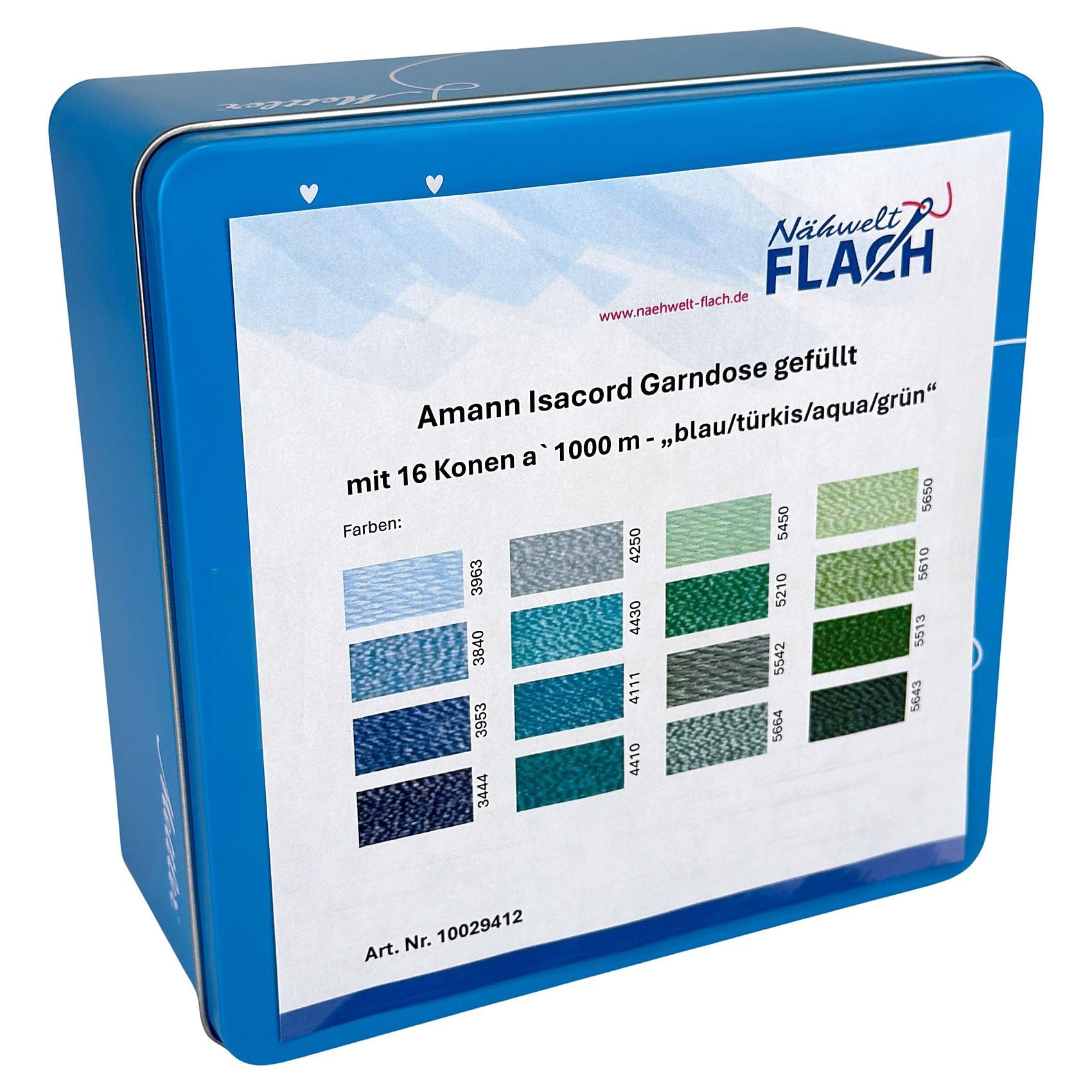 Amann Garnbox gefüllt mit 16 Konen Amann Isacord-Maschinen-Stickgarn (je 1000m) (grün/blau/aqua/türkis) 0,005€/m