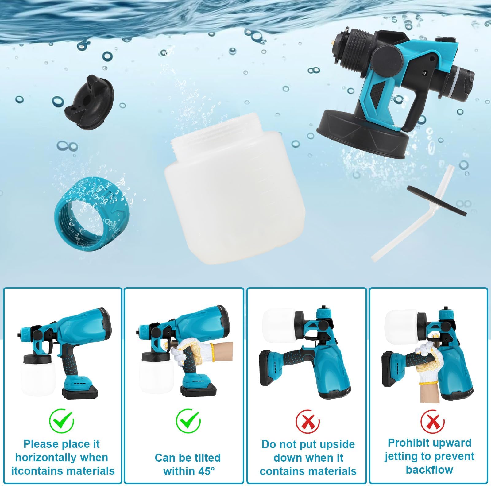 Pistola de pintura inalámbrica, 2 x 2000 mAh, baterías de litio, pulverizador eléctrico, 1200 ml, HVLP, 5 boquillas, 3 modos de pulverización para casa, armarios, paredes, muebles