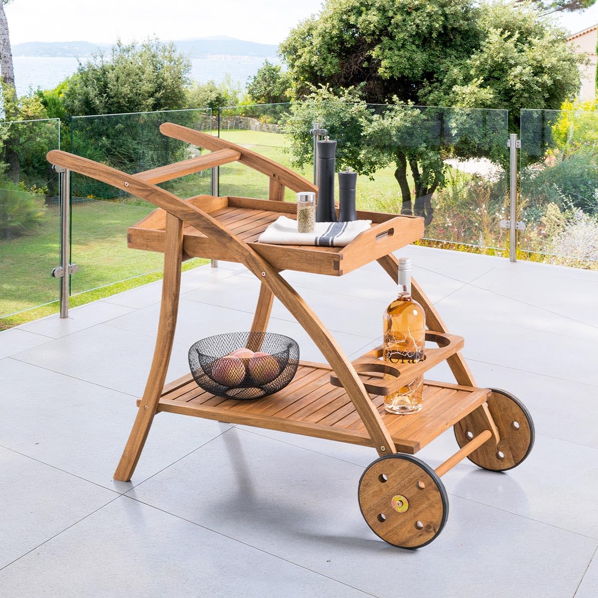 HESPERIDE - Carrito de servicio Tiwi de Madera de Acacia con ruedas - An. 78 x Pr. 56 x al. 105 cm - Mobiliario de Exterior para terraza, balcón y Patio