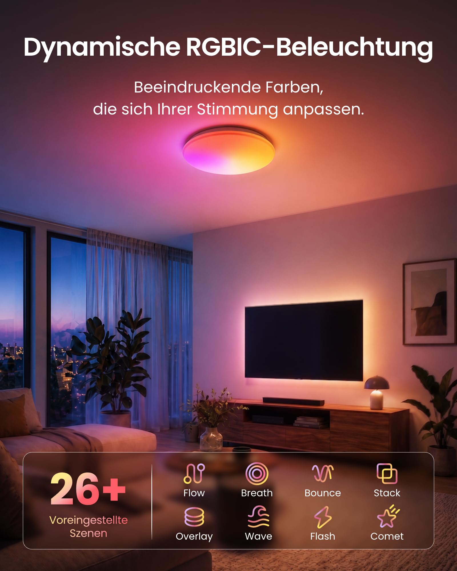 SwitchBot RGBICWW Deckenleuchte 37,6cm, Matter LED Deckenleuchte Dimmbar 3200LM, 2700–6500K, 32W, Kompatibel mit Alexa & Apple Home, CRI 90+, Deckenlampe LED für Schlafzimmer, Wohnzimmer, flur
