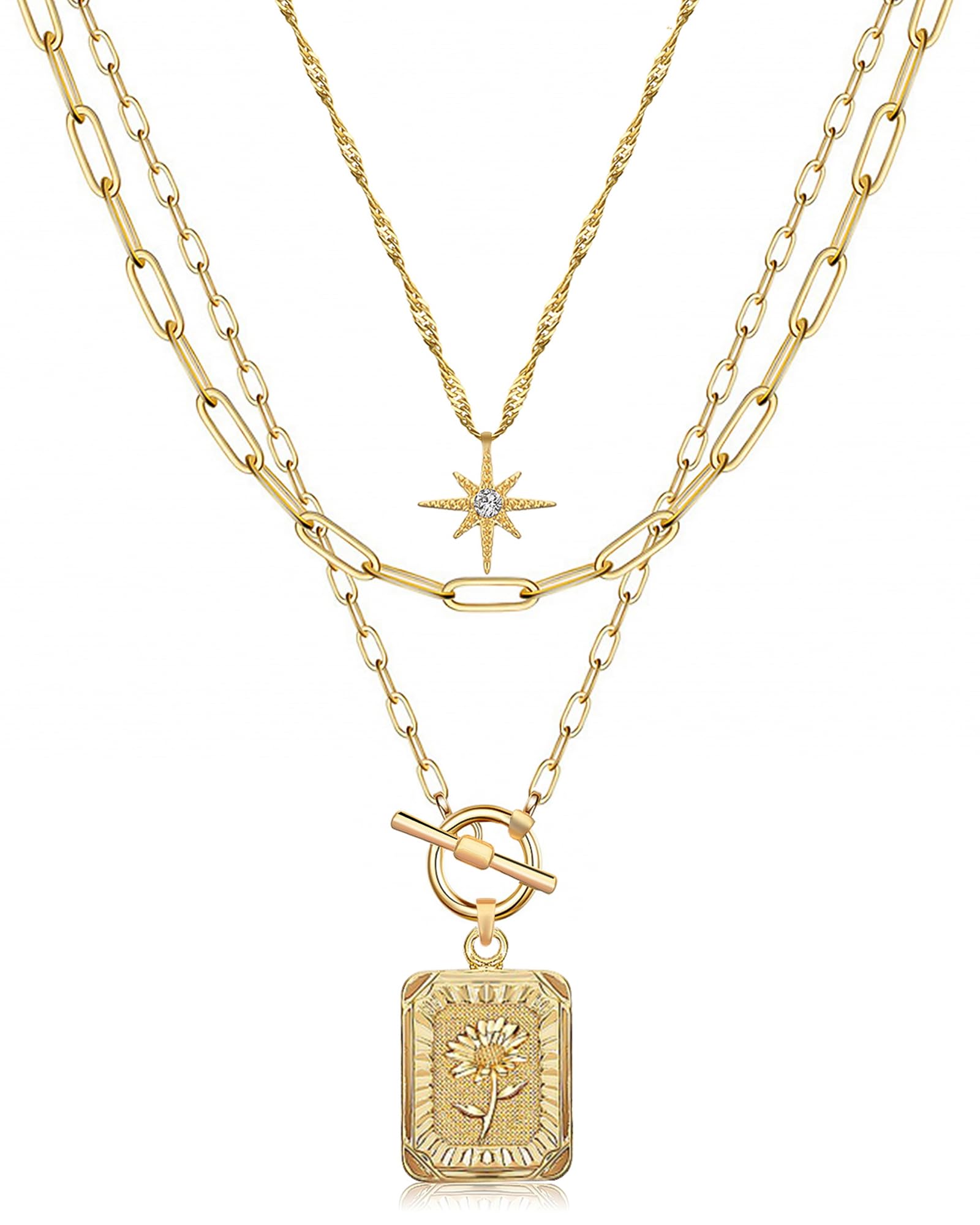 MJartoria Layered Necklaces for Women Trendy, 14K Gold Plated Brass Simple Star Choker Square Flower Pendant Necklace, Paperclip Chain Necklaces Jewelry Gifts