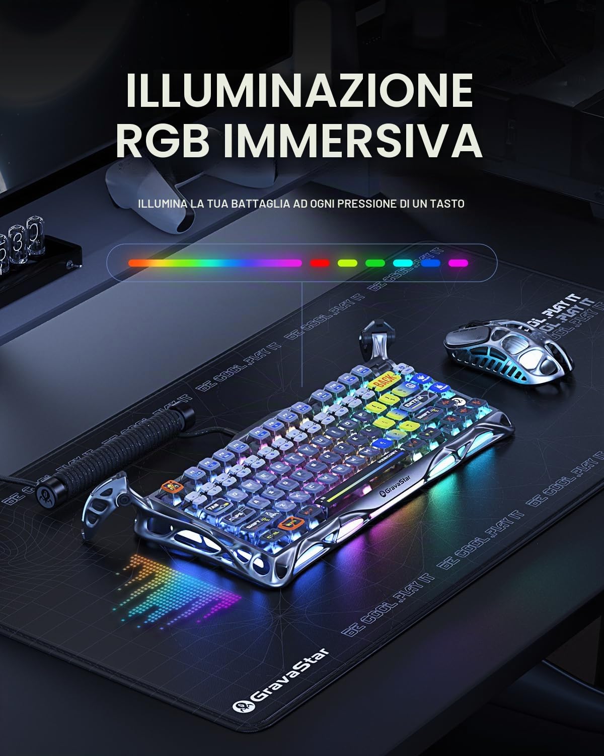 GravaStar Mercury K1 Pro – Tastiera da gioco meccanica wireless 75% in lega di alluminio, interruttori lineari, retroilluminazione RGB personalizzabile, manopola di controllo (Argento Interstellare)
