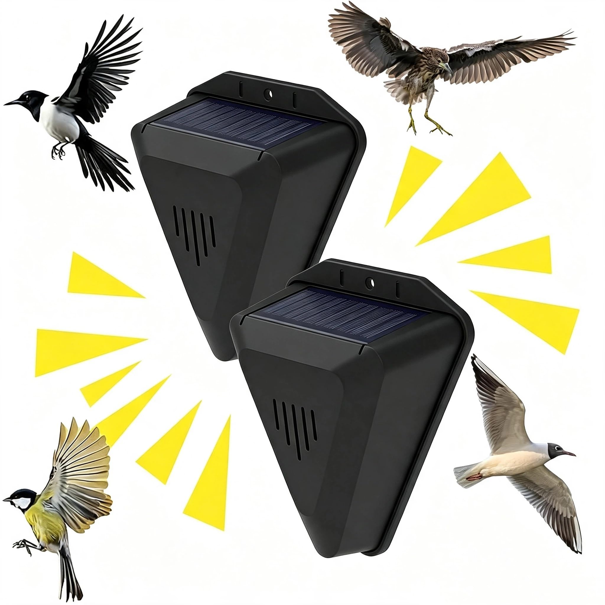 Solar Powered Bird Repellent Devices, Bird Scarers Waterproof Outdoor, Bird Repeller with Sound Light for Garden Yard, Farm Orchard Crop for Repelling Foxes Cats Dogs Squirrels，Black*2