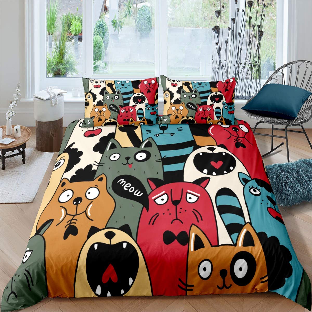 Cartoon Cat Bedding Set, Girls Super Soft Comforter Set Queen Size, Cute Cats Printed Quilt for Kids Teen, Lovely Blue Microfiber Comforter fo並行輸入 Cute Cat Comforter Cover Cartoon Cat Printed Set Bedding Set for