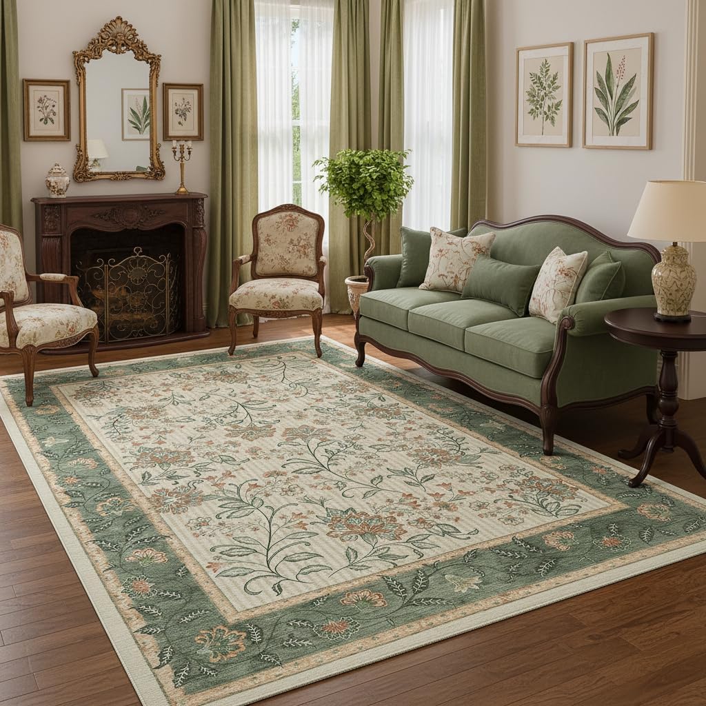 GarveeHome 5x7 Christmas Area Rug Sage Green Washable Rugs for Living Room Bedroom, Soft Low Pile Non Slip French Country Floor Mat Botanical Floral Print Throw Rug Indoor Carpet Dining Room Playroom