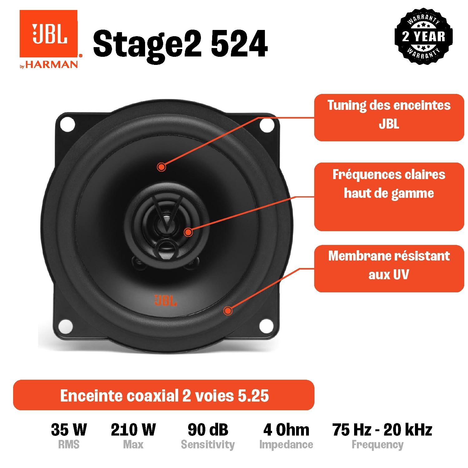 JBL Stage2 524 Ensemble enceinte voiture à 2 voies de Harman Kardon - 210 Watt JBL Haut Parleur Voiture 13 cm, Noir