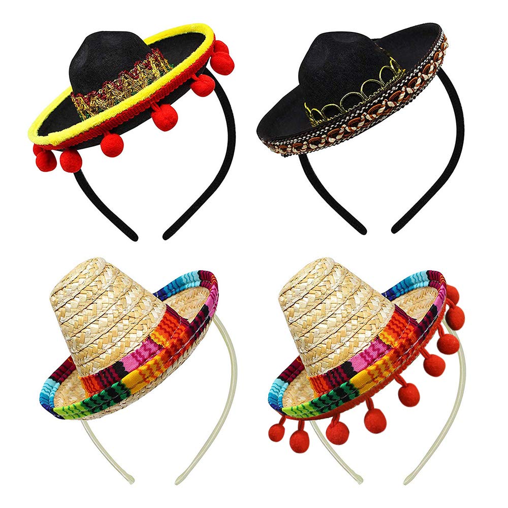 Mukola 4 Pieces Mini Mexican Sombrero Hats, Straw Sombreros for Fiesta Carnival Mexican Theme Party Decorations, Party Favors, One Size, Black, Beige, Red