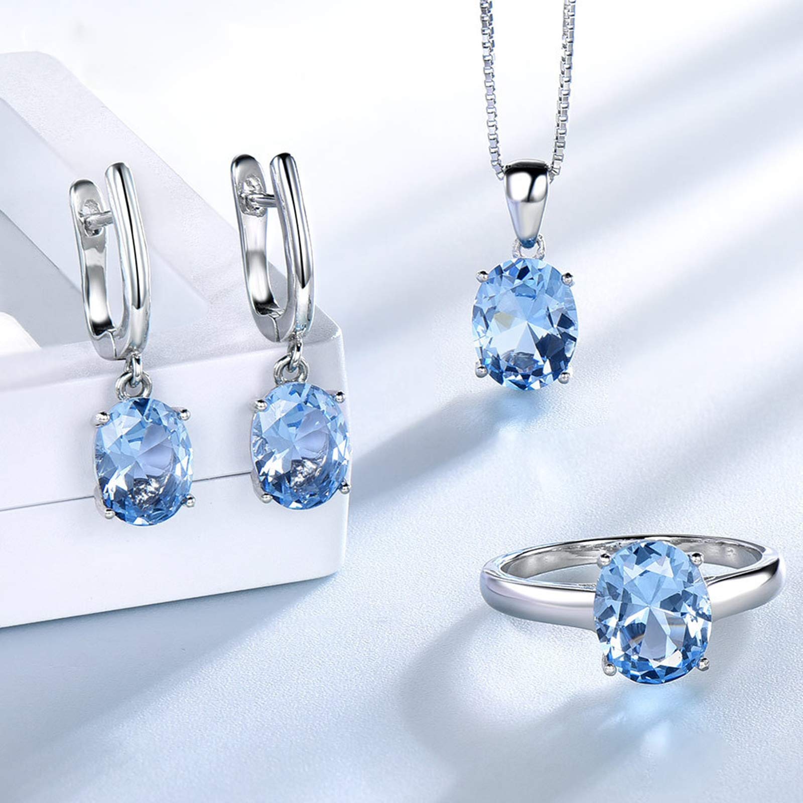 KnSam Damen Ring, Halskette Silber Mädchen Ovel Elegant Hochzeit Schmuckset Aus 925 Silber Für Damen Frau Mit Erstellt Blau Topas Blau