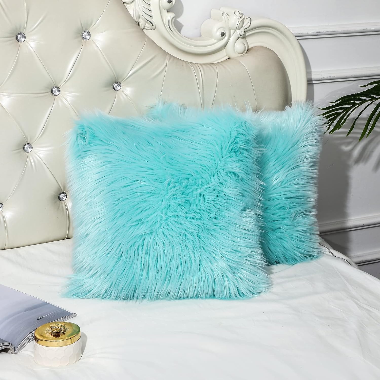 OYIMUA Fluffy Decorative Throw Pillow Covers 24x24, Faux Fur Farmhouse Luxury Pillow Cases,Soft Plush Fuzzy Light Turquoise Cushion Covers for Sofa Couch Living Room Bedroom Set of 2