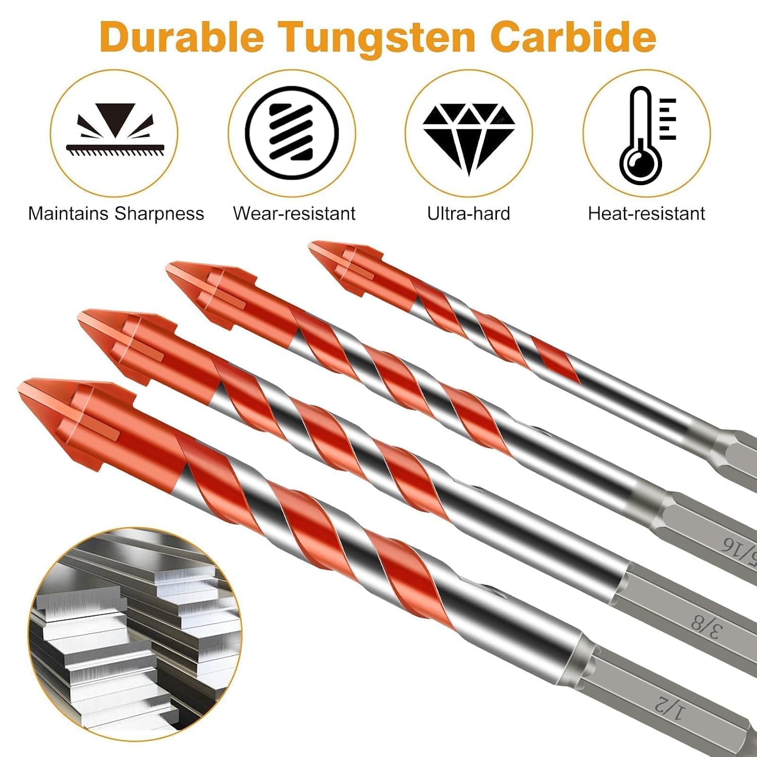 10 PCS Masonry Drill Bit Set, Four Blade Serrated Drill Bits for Concrete, Tile, Ceramic, Wood, Glass, Marble, Tungsten Carbide Tip, 1/4", 5/16", 3/8", 1/2"