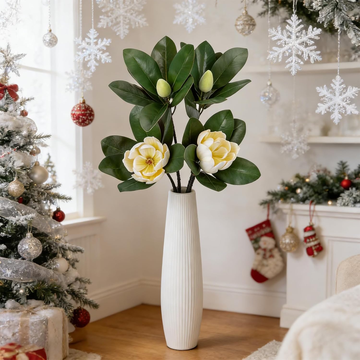 2PCS 35inch Artificial Magnolia Flowers with Green Magnolia Leaves and Fruit 3D Real Touch 2 Heads Long Stem Faux Magnolias Flower for Home Wedding Table Office Floral Arrangement Decoration (Cream)