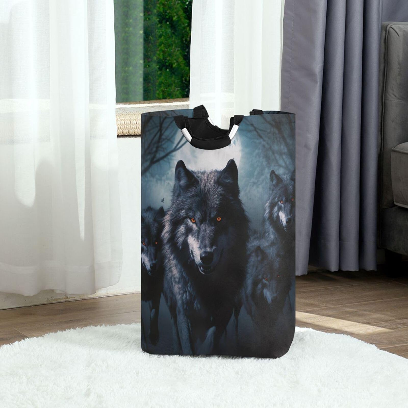 Jihqo Laundry Hamper Basket Scary Wolf Collapsible Nursery Storage Bin Waterproof Clothing Baskets for Home Bedroom Bathroom Washing Room