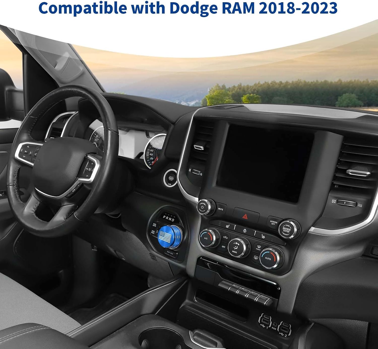 for RAM Gear Shift Knob Cover Trim Ring Aluminum Blue for Dodge RAM 2018-2023 Blue Interior Accessories, America Flag